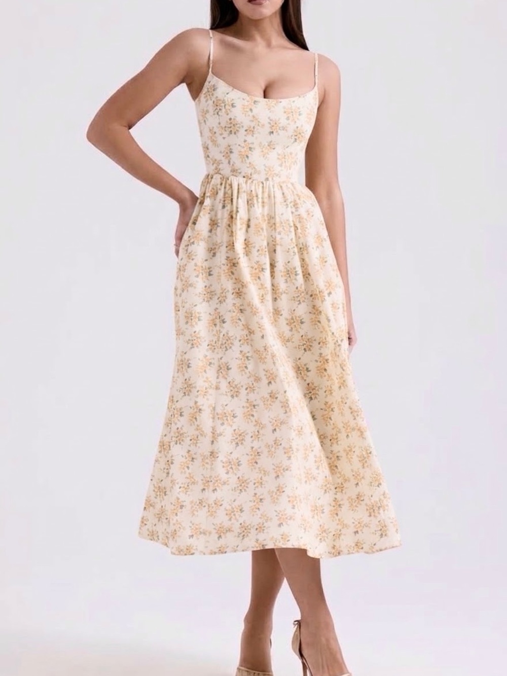 House Of CB Lolita Floral Corset Sundress Ivory Spaghetti Straps Midi Size S